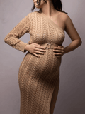 Yooulike Bodycon Irregular Knitwear Belt Slit Oblique Shoulder Long Sleeve Elegant Fashion Beach Photoshoot Maternity Maxi Dress