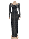 Yooulike Bodycon Rhinestone Mesh Bandeau Long Sleeve Elegant Evening Party Prom Photoshoot Babyshower Maternity Maxi Dress