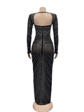 Yooulike Bodycon Rhinestone Mesh Bandeau Long Sleeve Elegant Evening Party Prom Photoshoot Babyshower Maternity Maxi Dress