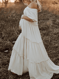 Yooulike Ruffle Big Swing Flouncy Boat Neck Off Shoulder Short Sleeve Elegant Boho Fashion Photo Shooting Maternity Maxi Dress