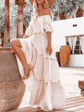 Yooulike Ruffle Big Swing Flouncy Boat Neck Off Shoulder Short Sleeve Elegant Boho Fashion Photo Shooting Maternity Maxi Dress