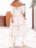 Yooulike Ruffle Big Swing Flouncy Boat Neck Off Shoulder Short Sleeve Elegant Boho Fashion Photo Shooting Maternity Maxi Dress