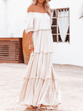 Yooulike Ruffle Big Swing Flouncy Boat Neck Off Shoulder Short Sleeve Elegant Boho Fashion Photo Shooting Maternity Maxi Dress