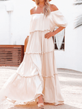 Yooulike Ruffle Big Swing Flouncy Boat Neck Off Shoulder Short Sleeve Elegant Boho Fashion Photo Shooting Maternity Maxi Dress