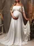 Yooulike Tassel Slit Draped Boat Neck Backless Off Shoulder Short Sleeve Elegant Wedding Babyshower PhotoShoot Maternity Maxi Dress