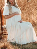 Yooulike Flouncy Falbala Boat Neck Short Sleeve Elegant Bohemian Loose Casual Photo shooting Plus Size Maternity Maxi Dress