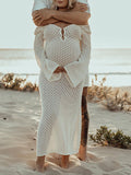 Yooulike White Cut Out Backless Flare Sleeve Crochet Cover Up V-Neck Long Sleeve Bohemian Beach Vacation Photoshoot Maternity Dress