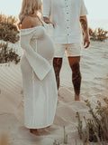 Yooulike White Cut Out Backless Flare Sleeve Crochet Cover Up V-Neck Long Sleeve Bohemian Beach Vacation Photoshoot Maternity Dress