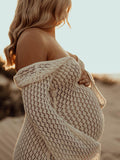 Yooulike White Cut Out Backless Flare Sleeve Crochet Cover Up V-Neck Long Sleeve Bohemian Beach Vacation Photoshoot Maternity Dress