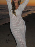 Yooulike White Cut Out Backless Flare Sleeve Crochet Cover Up V-Neck Long Sleeve Bohemian Beach Vacation Photoshoot Maternity Dress