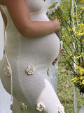 Yooulike Stereo Flower Crochet Lace Up V-Neck Backless Mermaid Bodycon Baby Shower Maternity Maxi Dress