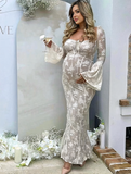 Yooulike Lace Corset Square Neck Flare Sleeve Long Sleeve Elegant Cocktail Party Bodycon Maternity Photoshoot Baby Shower Maxi Dress