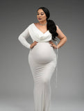 Yooulike Women V-Neck One-Shoulder Long Sleeve Bodycon Elegant Photoshoot Gown High Stretch Baby Shower Maternity Maxi Dress