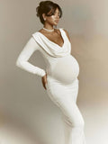 Yooulike Women V-Neck One-Shoulder Long Sleeve Bodycon Elegant Photoshoot Gown High Stretch Baby Shower Maternity Maxi Dress