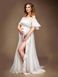 Yooulike Off Shoulder Solid Color Chiffon Side Slit Elegant Prom Beach Photo Shooting Flowy Maternity Dresses