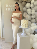 Yooulike Solid Color Bodycon Oblique Shoulder Sleeveless Elegant Evening Party Maternity Babyshower Dress Wedding Dress