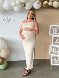 Yooulike Solid Color Bodycon Oblique Shoulder Sleeveless Elegant Evening Party Maternity Babyshower Dress Wedding Dress