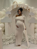 Yooulike Side Draped Off Shoulder Mesh Irregular Ruched Draped Long Sleeve Elegant Evening Party Babyshower Bodycon Maternity Dress