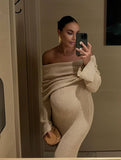 Yooulike Bodycon Knitwear Dress Off Shoulder Long Sleeve Elegant Babyshower Party Beach Photo shooting Maternity Dress