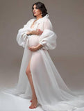 Yooulike Chiffon Dress Front Slit Deep V-Neck Lantern Sleeve Long Sleeve Elegant Babyshower Photo shooting Maternity Dress