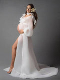 Yooulike Chiffon Dress Front Slit Deep V-Neck Lantern Sleeve Long Sleeve Elegant Babyshower Photo shooting Maternity Dress