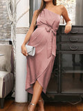 Yooulike Bodycon Satin Belt Slit Draped Oblique Shoulder Casual Elegant Baby Shower Cocktail Maternity Midi Dress