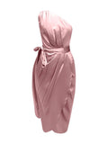 Yooulike Bodycon Satin Belt Slit Draped Oblique Shoulder Casual Elegant Baby Shower Cocktail Maternity Midi Dress