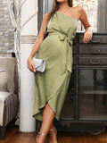 Yooulike Bodycon Satin Belt Slit Draped Oblique Shoulder Casual Elegant Baby Shower Cocktail Maternity Midi Dress