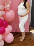 Yooulike White Bodycon Ruched High Neck Halter Neck Sleeveless Casual Chic Elegant Cocktail Party Maternity Midi Dress