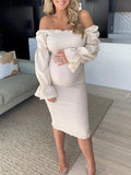 Yooulike Ruffle Plaid Off Shoulder Bodycon Flouncy Puff Sleeve Long Sleeve Sweet Elegant Prom BabyShower Maternity Mini Dress