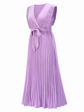 Yooulike Chiffon Belt Flouncy Pleated V-Neck Sleeveless Casual Fashion Babyshower Maternity Babyshow Maxi Dresses