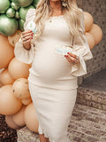 Yooulike Ruffle Bodycon Stretch Fabrics Off Shoulder Lantern Sleeve Long Sleeve Cottagecore Cream Baby Shower Maternity Midi Dress