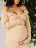 Yooulike Bodycon Ribbed Knit Off Shoulder Long Sleeve Elegant Fashion Studio Shooting Fitted Maternity Maxi Sweater Dress