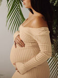 Yooulike Bodycon Ribbed Knit Off Shoulder Long Sleeve Elegant Fashion Studio Shooting Fitted Maternity Maxi Sweater Dress