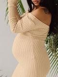 Yooulike Bodycon Ribbed Knit Off Shoulder Long Sleeve Elegant Fashion Studio Shooting Fitted Maternity Maxi Sweater Dress