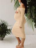 Yooulike Bodycon Ribbed Knit Off Shoulder Long Sleeve Elegant Fashion Studio Shooting Fitted Maternity Maxi Sweater Dress