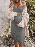 Yooulike Solid Color Pleated Bodycon Vest Cotton Blend Round Neck Sleeveless Casual Maternity Mini Dresses