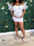 Yooulike White Patchwork Bodycon Tulle Tutu Bandeau Off Shoulder Short Sleeve Elegant Cocktail Party Maternity Mini Dress