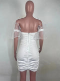 Yooulike White Patchwork Bodycon Tulle Tutu Bandeau Off Shoulder Short Sleeve Elegant Cocktail Party Maternity Mini Dress