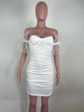 Yooulike White Patchwork Bodycon Tulle Tutu Bandeau Off Shoulder Short Sleeve Elegant Cocktail Party Maternity Mini Dress