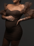 Yooulike Off Shoulder Bodycon Ruffle Mesh Tulle Bandeau Sleeveless Elegant Fashion Cocktail Photoshoot Maternity Mini Dress