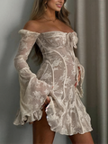 Yooulike White Lace Square Neck Bell Sleeve Long Sleeve Elegant Fashion Cocktail Photoshoot Baby Shower Bodycon Short Maternity Dresses