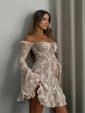 Yooulike White Lace Square Neck Bell Sleeve Long Sleeve Elegant Fashion Cocktail Photoshoot Baby Shower Bodycon Short Maternity Dresses