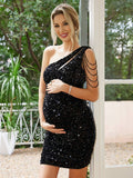 Yooulike Sequin Cut Out Oblique Shoulder Bodycon Backless Sleeveless Chic Evening Party Cocktail Maternity Mini Dress