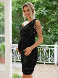 Yooulike Sequin Cut Out Oblique Shoulder Bodycon Backless Sleeveless Chic Evening Party Cocktail Maternity Mini Dress