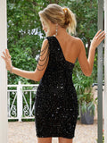 Yooulike Sequin Cut Out Oblique Shoulder Bodycon Backless Sleeveless Chic Evening Party Cocktail Maternity Mini Dress