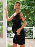 Yooulike Sequin Cut Out Oblique Shoulder Bodycon Backless Sleeveless Chic Evening Party Cocktail Maternity Mini Dress