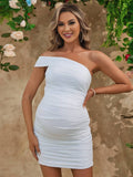 Yooulike Off Shoulder Sleeveless Solid Color Ruffle Backless Elegant Fashion Babyshower Bodycon Maternity Mini Dress