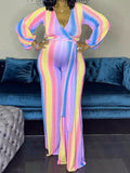 Yooulike Pink-Blue Rainbow Stripe V-Neck Belt Long Sleeve Elegant Fashion Gender Reveal Party Maternity Wide Leg Jumpsuits