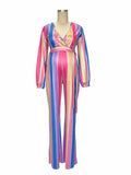 Yooulike Pink-Blue Rainbow Stripe V-Neck Belt Long Sleeve Elegant Fashion Gender Reveal Party Maternity Wide Leg Jumpsuits